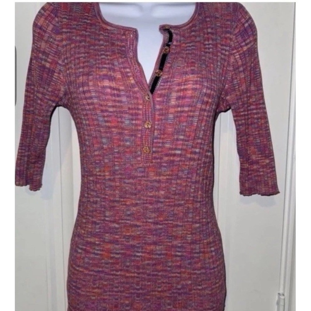 Sundance Space Dye Pink Quarter Button Short sleeve Sweater Top Preppy Size‎ M